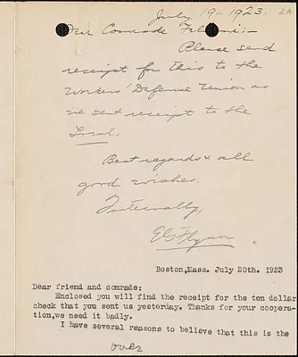 Elizabeth Gurley Flynn autograph note signed to Aldino Felicani, July 19, 1923