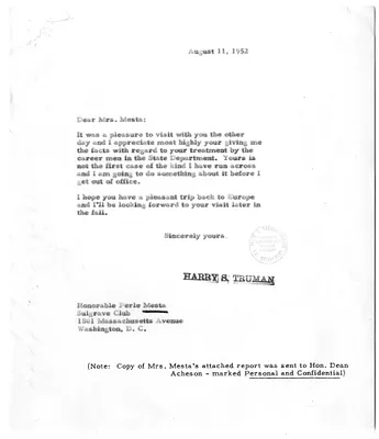 Correspondence Between President Harry S. Truman and Perle Mesta, with Attached Memorandum