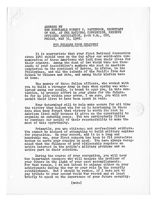 War Department Press Release, Address by Secretary of War Robert Patterson