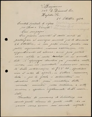 Virgilio Fragiacomo autograph letter signed, in Italian, to Sacco-Vanzetti Defense Committee, Hazleton, Pa., October 20, 1924