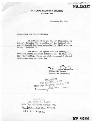 Memorandum from Sidney Souers to President Harry S. Truman, with Attached Agenda for the Second National Security Council Meeting
