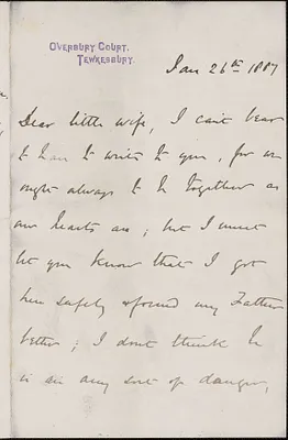 [John Biddulph Martin] autograph note to [Victoria Woodhull Martin], Tewkesbury, [England], January 26, 1887