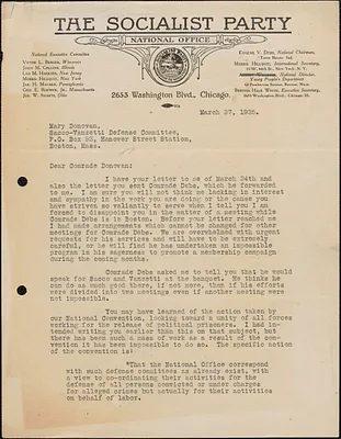 Bertha Hale White (Socialist Party, National Office) typed letter signed to Mary Donovan, Chicago, Ill., March 27, 1925