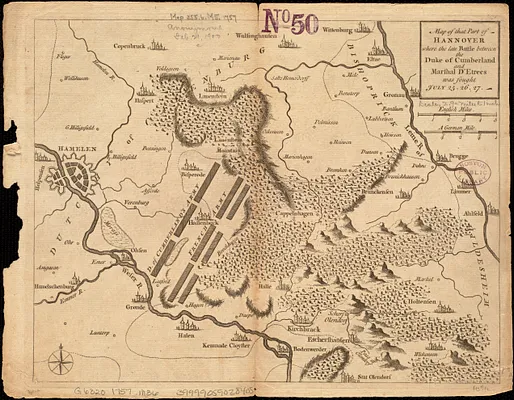 Map of that part of Hannover where the late battle between the Duke of Cumberland and Marshal D'Etrees was fought July 25, 26, 27
