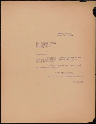 Sacco-Vanzetti Defense Committee typed note (copy) to Century Press, Boston, Mass., January 31, 1925