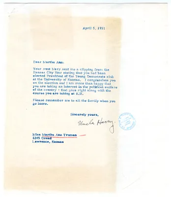 Letter to Martha Ann Truman from President Harry S. Truman, with Attachment