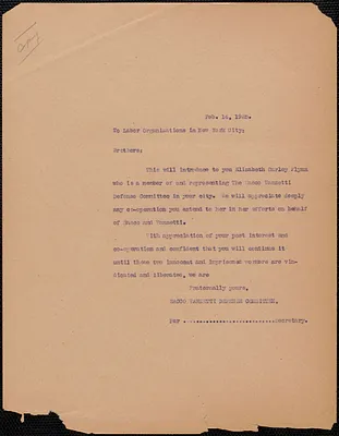 Sacco-Vanzetti Defense Committee typed letter (copy) to New York City Labor Organizations, Boston, Mass., February 14, 1925