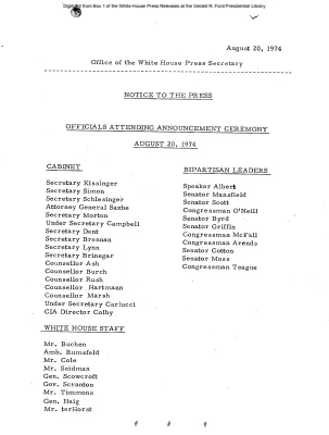 Officials Attending Announcement Ceremony, August 20, 1974 [Guest List]