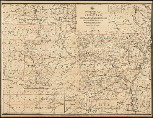 Post route map of the State of Arkansas and of Indian and Oklahoma territories with adjacent portions of Mississippi, Tennessee, Missouri, Kansas, Texas and Louisiana