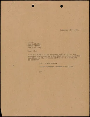Sacco-Vanzetti Defense Committee typed letter (copy) to Editor, Il Bollettino, Boston, Mass., February 22, 1924