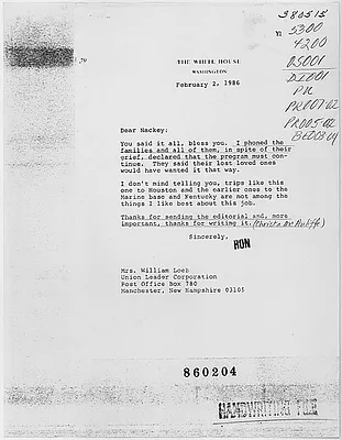 February 2, 1986 Letter from Ronald Regan to Mrs. William Loeb, Regarding the Space Shuttle Challenger Accident