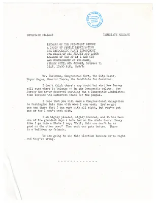 Press Release, Speech of President Harry S. Truman, Jersey City, New Jersey
