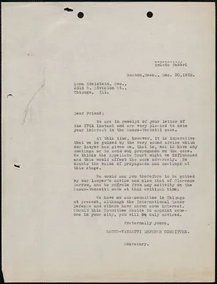 Amleto Fabbri (Sacco-Vanzetti Defense Committee) typed letter (copy) to Anna Edelstein, Boston, Mass., December 30, 1925