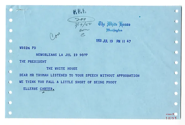 Telegram from Ellerbe Carter to President Harry S. Truman