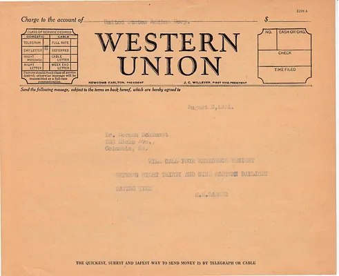 Telegram to Dr. Herman Schlundt, August 6, 1931