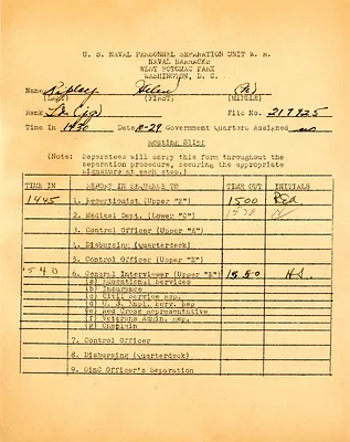 Routing slip, Helen Ripley, Abbot Academy, class of 1930