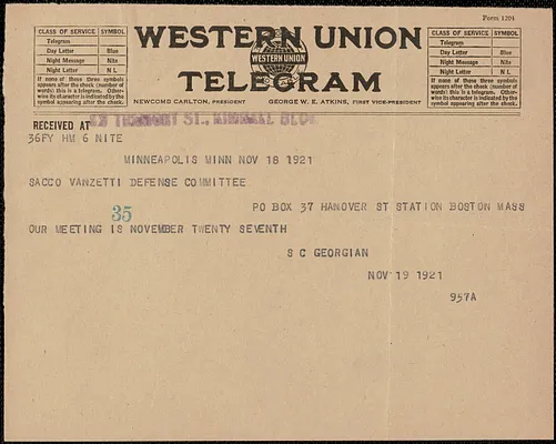 S. C. Georgian telegram to Sacco-Vanzetti Defense Committee, Minneapolis, Minn., November 18, 1921