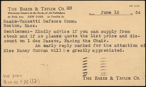 The Baker & Taylor Co. postcard to Sacco-Vanzetti Defense Committee, New York, N. Y., June 12, 1934
