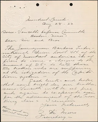 Z. Di Muro (Journeymen Barbers' International Union, Local 455) autograph letter signed to Sacco-Vanzetti Defense Committee, Montreal, Canada, August 28, 1922