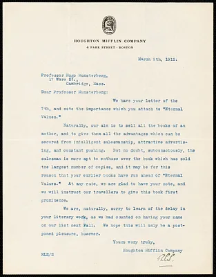 Houghton Mifflin Co. typed letter signed to Hugo Münsterberg, Boston, 8 March 1912