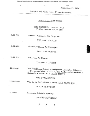 President's Schedule, Friday, September 20, 1974