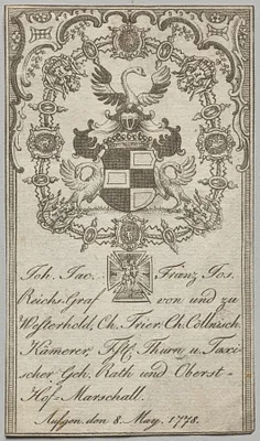 Bookplate: Johan. Jac. Franz-Joseph, Reichs-Graf von Westerhold