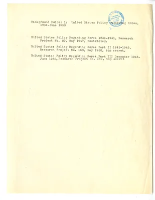 List, Background Folder 1: United States Policy Covering Korea, 1834-June 1950