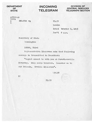 Telegram from John G. Winant to Secrertary of  James Byrnes
