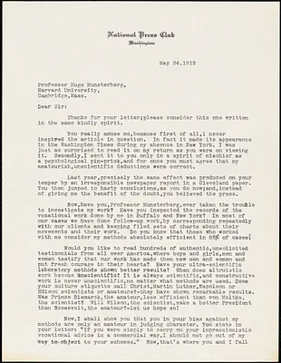 Blumenthal, Gustave Adolph, 1867- typed letter signed to Hugo Münsterberg, Washington, 24 May 1913