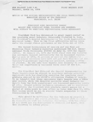 Press Release #220, Office of the Special Representative for Trade Negotiations: President Ford Determines Import Relief for Specialty Steel industry and Workers; Will Attempt to Negotiate International Trade Agreements [Notice to Press]