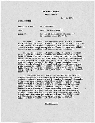 Memorandum from Henry Kissinger, Secretary of State, to President Gerald R. Ford regarding the parole of additional numbers of Vietnamese into the U.S.