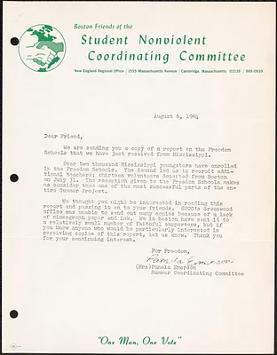 Letter from Boston Friends of the Student Nonviolent Coordinating Committee about report on the Freedom Schools in Mississippi