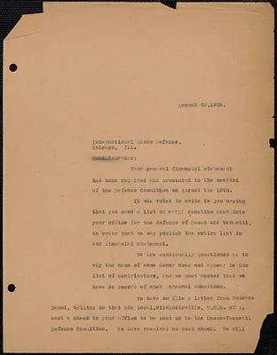 Sacco-Vanzetti Defense Committee typed letter (copy, incomplete) to International Labor Defense, Boston, Mass., August 20, 1926