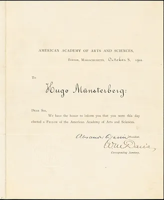 Agassiz, Alexander, 1835-1910 letter signed to Hugo Münsterberg, Boston, 08 October 1902