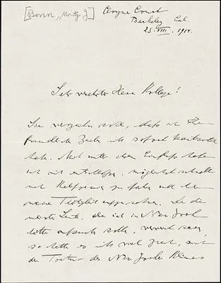 Bonn, Moritz J. (Moritz Julius), 1873-1965 autograph letter signed to Hugo Münsterberg, Berkeley, Cal., 25 August 1914
