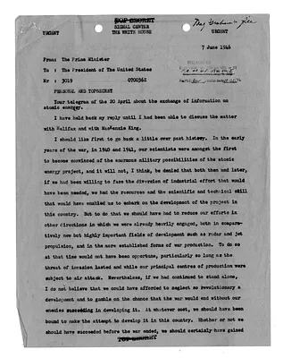 Telegram from Prime Minister Clement Attlee to President Harry S. Truman
