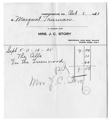 Bill from Mrs. J. C. Story for Margaret Truman