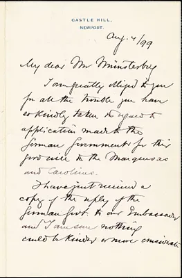 Agassiz, Alexander, 1835-1910 autograph letter signed to Hugo Münsterberg, Newport, R.I., 04 August 1899