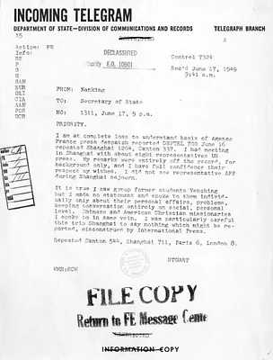 Telegram from John Leighton Stuart to Secrertary of State Dean Acheson