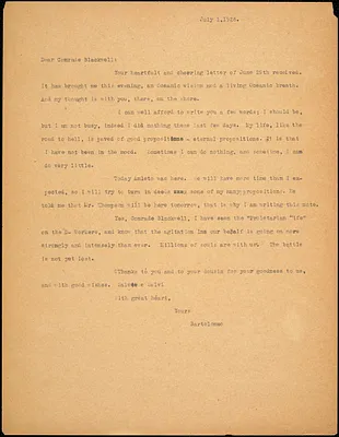 Bartolomeo Vanzetti typed letter (copy) to Alice Stone Blackwell, [Charlestown], 1 July 1926
