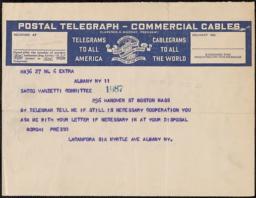 Armando Borghi telegram to Sacco-Vanzetti Defense Committee, Albany, N.Y., April 12, 1927