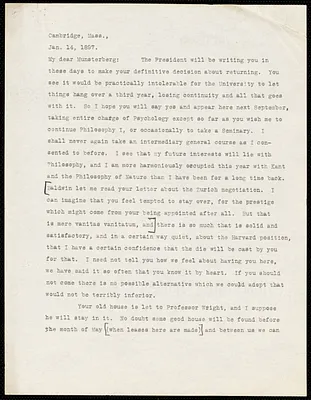 James, William, 1842-1910 typed letter signed to Hugo Münsterberg, Cambridge, Mass., 14 January 1897