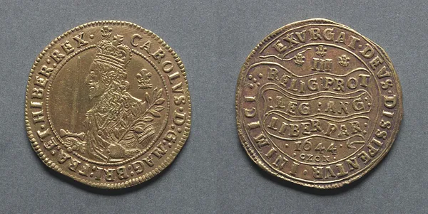 Triple Unite or Three Pound Piece: Charles I (obverse); Declaration on Scroll (reverse)