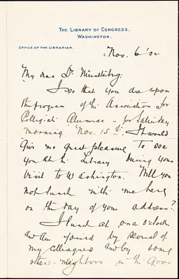 Putnam, Herbert, 1861-1955 autograph letter signed to Hugo Münsterberg, Washington, 06 November 1902