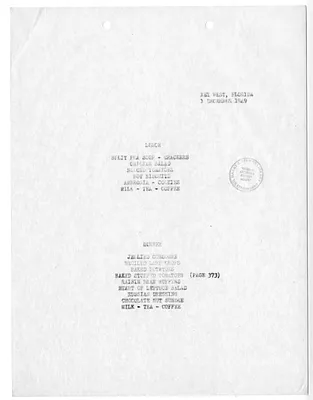 Menu for President Harry S. Truman's  Visit to Key West, Florida