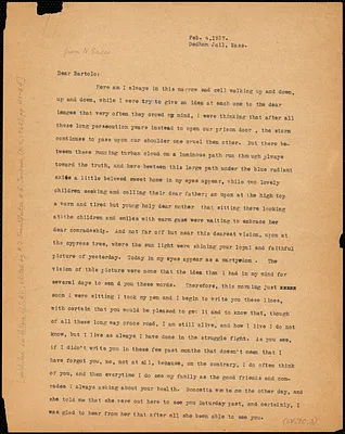 Nicola Sacco typed letter (copy) to Bartolomeo Vanzetti, Dedham, 2 February 1927