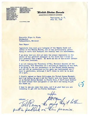 Letter from Harry S. Truman to Edgar Hinde