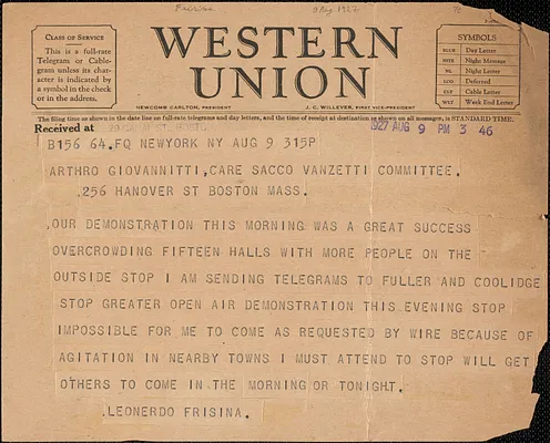 Leon[a]rdo Frisina telegram to Art[u] ro Giovannitti, New York, N. Y., August 9, 1927