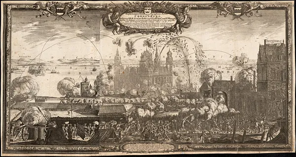 Repræsentatio scenographica Arcis Cronenburg auspiciis S.R. M. Sueciæ. ductu vero Exell. Dn. Com. C.G. Wrangelij reg. Sue. archithalassi et locumtenentis regij generalis -15 Aug. oppugnari cœptæ et -6 Septemb. pactionibus occupatæ. anno. 1658