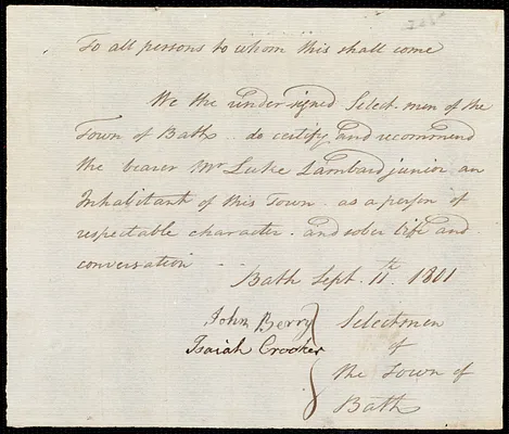 James Baker indentured to apprentice with Luke Lambard, Jr. of Bath, 16 September 1801